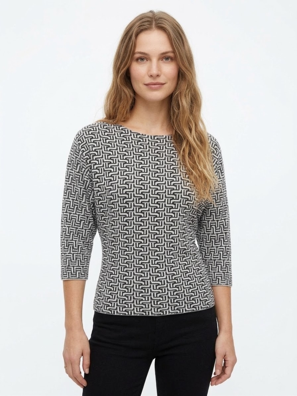 Black & White Geometric Scoop-Neck Sweater 3/4 Sleeves Sz XS-S